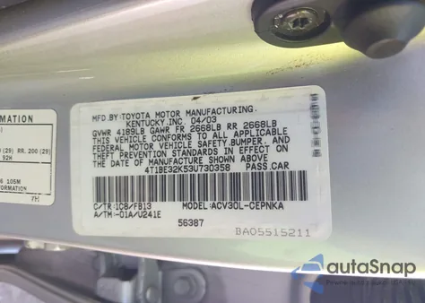 2003 Toyota Camry Le from USA, damaged, VIN 4T1BE32K53U730358